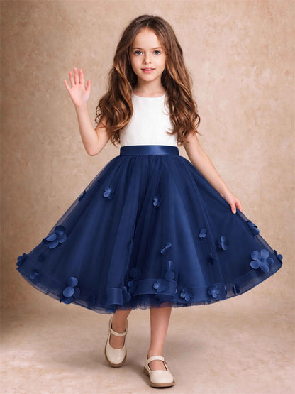 3D Floral Tulle Flower Girl Dress Sleeveless Satin Bow Back Wedding Guest Party Dress