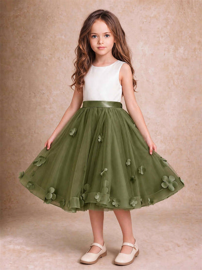3D Floral Tulle Flower Girl Dress Sleeveless Satin Bow Back Wedding Guest Party Dress