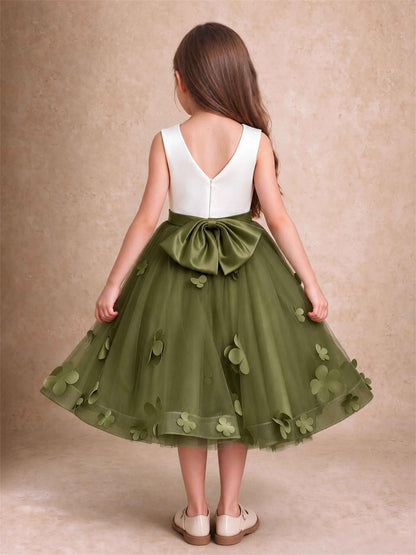 3D Floral Tulle Flower Girl Dress Sleeveless Satin Bow Back Wedding Guest Party Dress