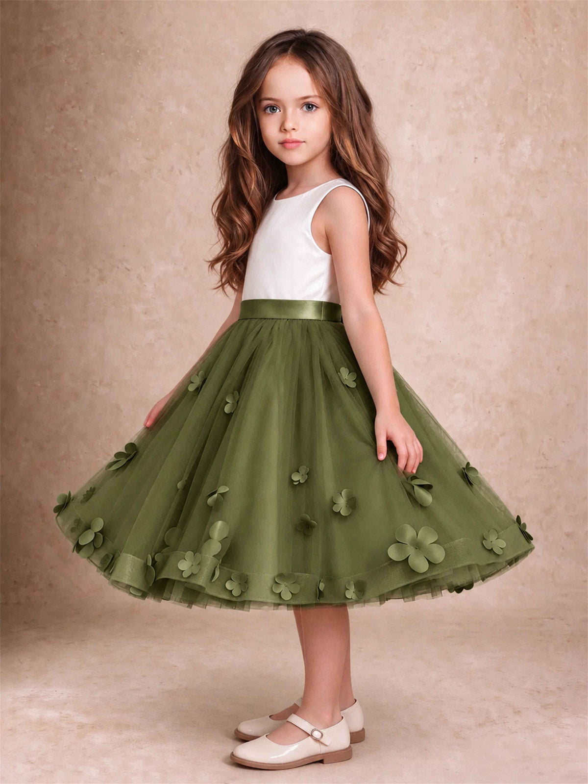 3D Floral Tulle Flower Girl Dress Sleeveless Satin Bow Back Wedding Guest Party Dress