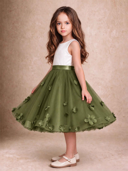 3D Floral Tulle Flower Girl Dress Sleeveless Satin Bow Back Wedding Guest Party Dress