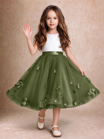3D Floral Tulle Flower Girl Dress Sleeveless Satin Bow Back Wedding Guest Party Dress