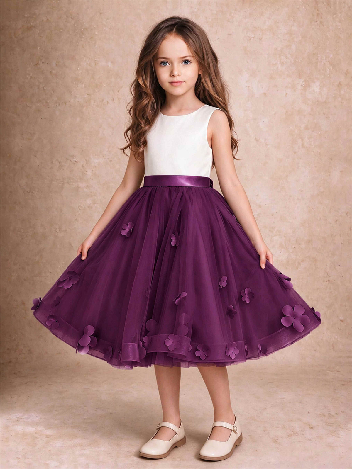 3D Floral Tulle Flower Girl Dress Sleeveless Satin Bow Back Wedding Guest Party Dress