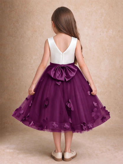 3D Floral Tulle Flower Girl Dress Sleeveless Satin Bow Back Wedding Guest Party Dress