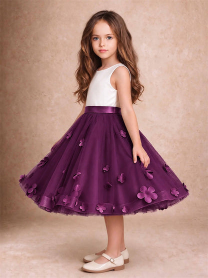 3D Floral Tulle Flower Girl Dress Sleeveless Satin Bow Back Wedding Guest Party Dress