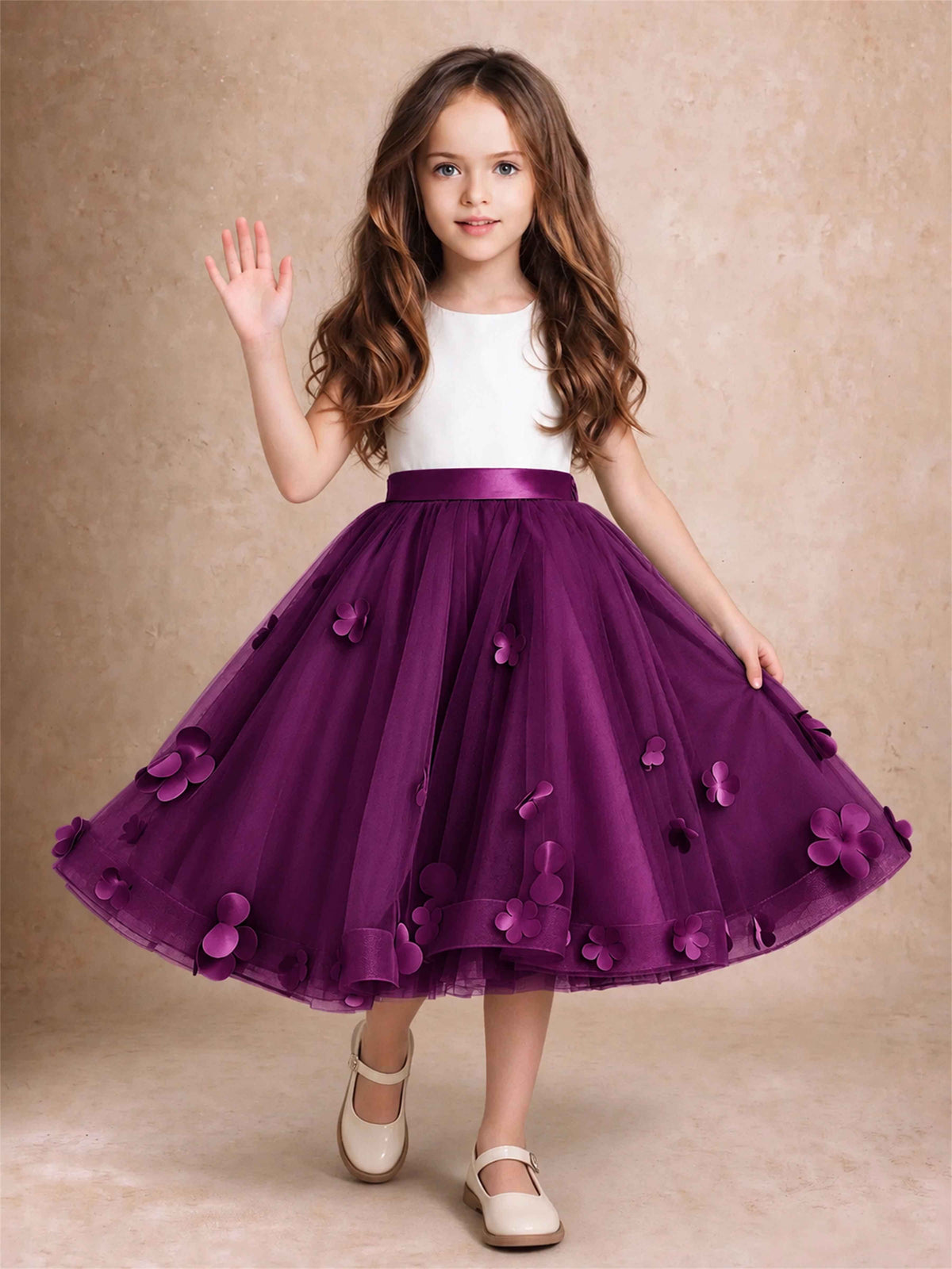 3D Floral Tulle Flower Girl Dress Sleeveless Satin Bow Back Wedding Guest Party Dress