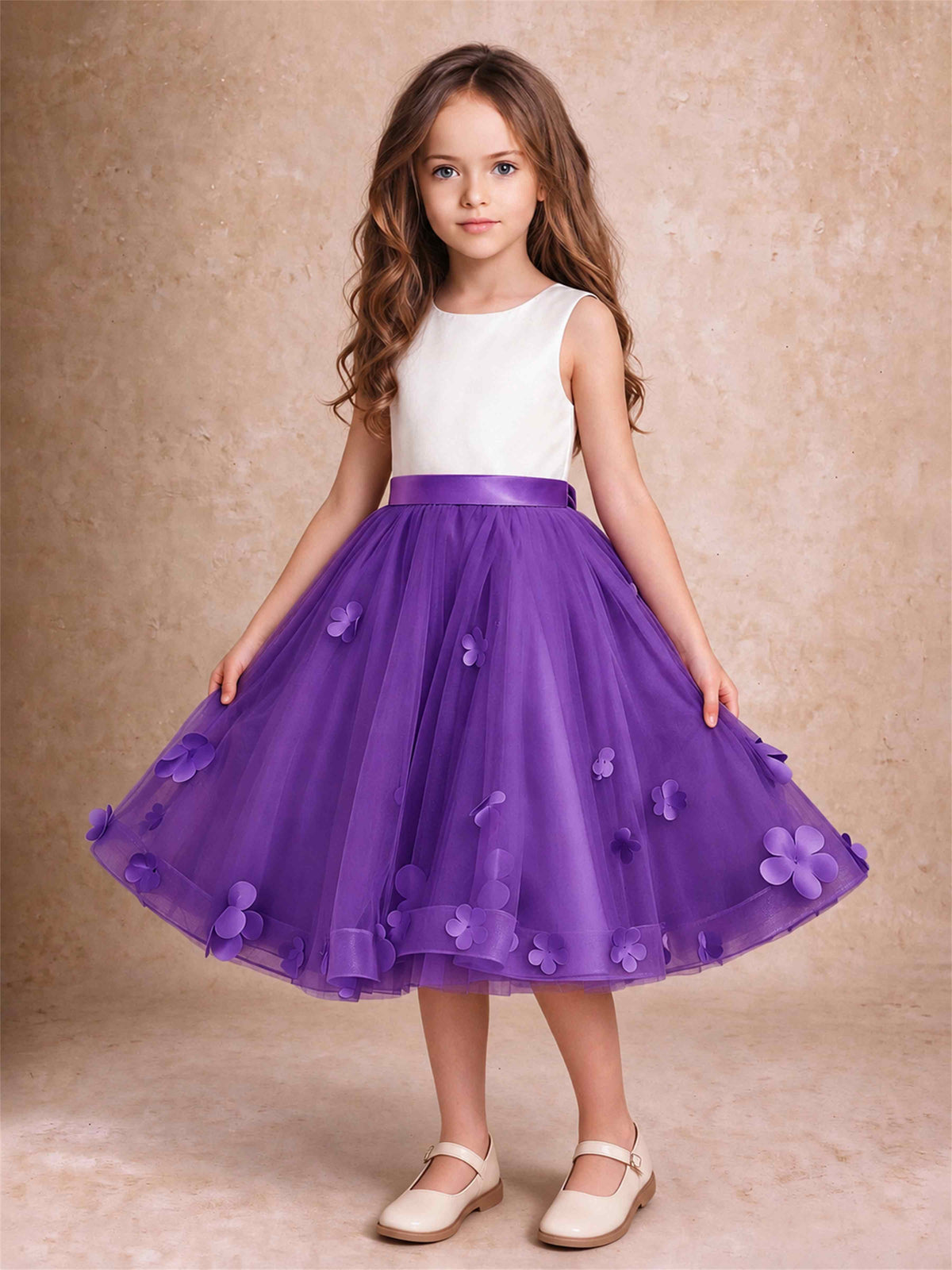 3D Floral Tulle Flower Girl Dress Sleeveless Satin Bow Back Wedding Guest Party Dress