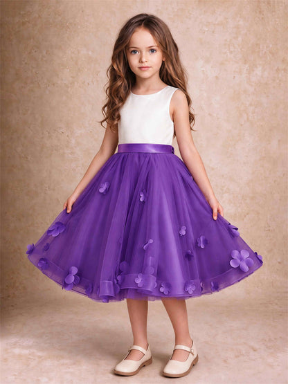 3D Floral Tulle Flower Girl Dress Sleeveless Satin Bow Back Wedding Guest Party Dress