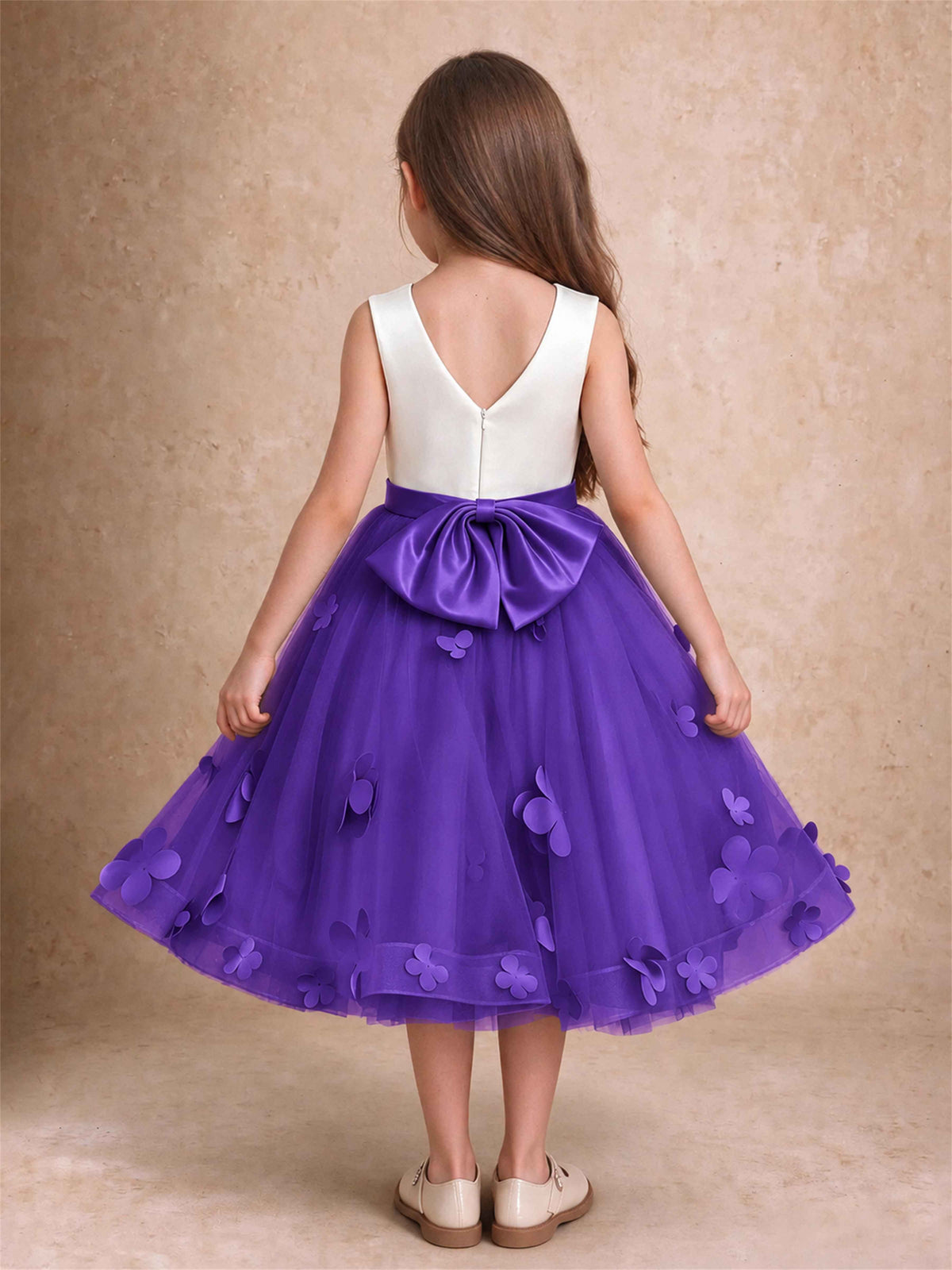 3D Floral Tulle Flower Girl Dress Sleeveless Satin Bow Back Wedding Guest Party Dress