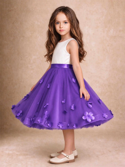 3D Floral Tulle Flower Girl Dress Sleeveless Satin Bow Back Wedding Guest Party Dress