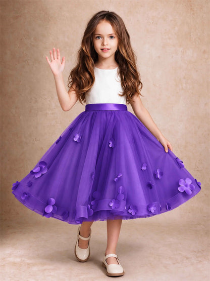 3D Floral Tulle Flower Girl Dress Sleeveless Satin Bow Back Wedding Guest Party Dress
