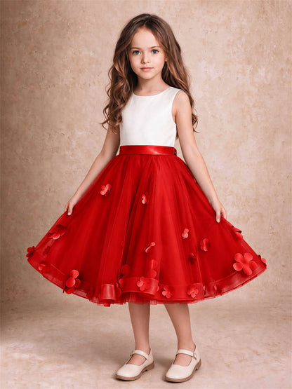 3D Floral Tulle Flower Girl Dress Sleeveless Satin Bow Back Wedding Guest Party Dress
