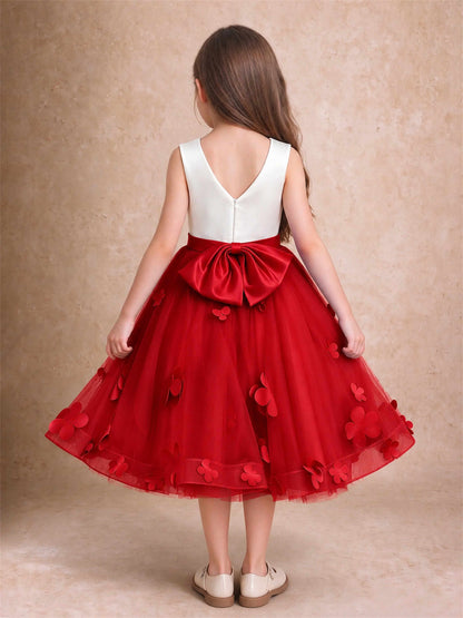 3D Floral Tulle Flower Girl Dress Sleeveless Satin Bow Back Wedding Guest Party Dress