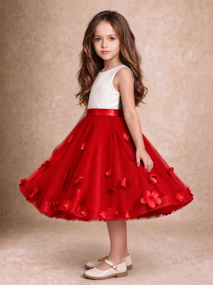 3D Floral Tulle Flower Girl Dress Sleeveless Satin Bow Back Wedding Guest Party Dress