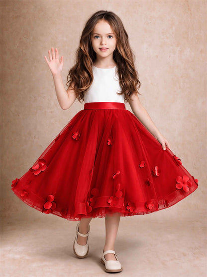 3D Floral Tulle Flower Girl Dress Sleeveless Satin Bow Back Wedding Guest Party Dress
