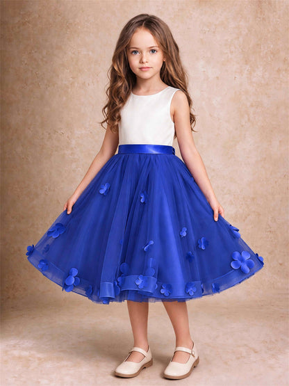 3D Floral Tulle Flower Girl Dress Sleeveless Satin Bow Back Wedding Guest Party Dress