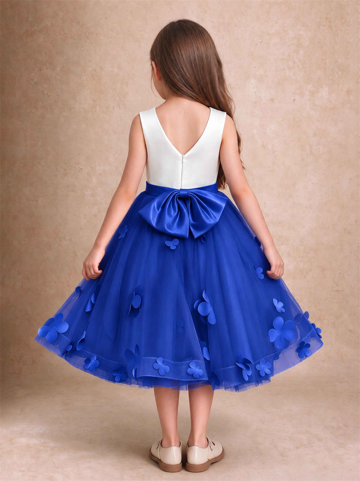 3D Floral Tulle Flower Girl Dress Sleeveless Satin Bow Back Wedding Guest Party Dress