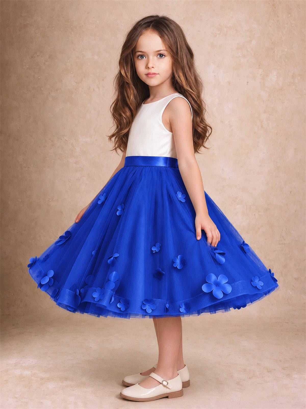 3D Floral Tulle Flower Girl Dress Sleeveless Satin Bow Back Wedding Guest Party Dress