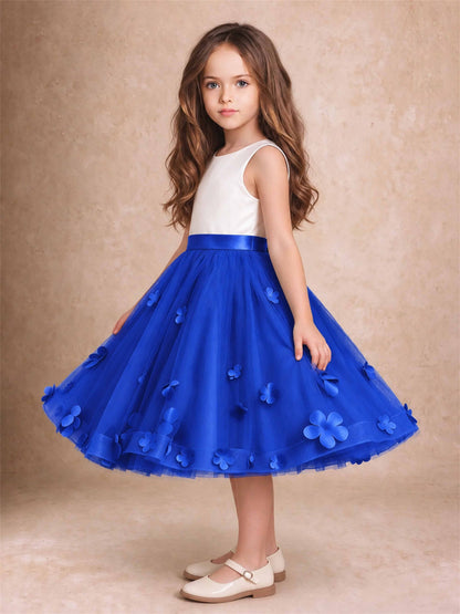 3D Floral Tulle Flower Girl Dress Sleeveless Satin Bow Back Wedding Guest Party Dress