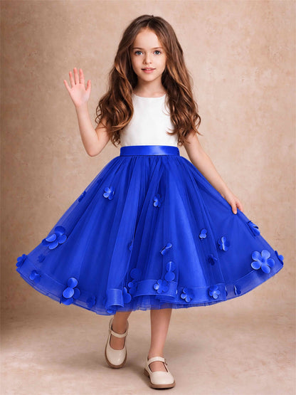 3D Floral Tulle Flower Girl Dress Sleeveless Satin Bow Back Wedding Guest Party Dress