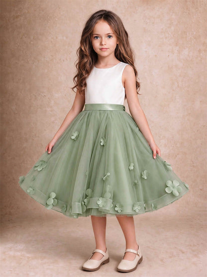 3D Floral Tulle Flower Girl Dress Sleeveless Satin Bow Back Wedding Guest Party Dress