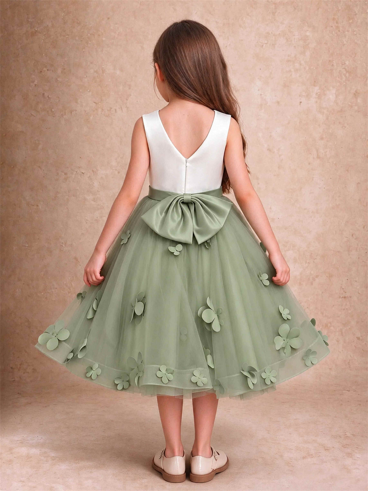 3D Floral Tulle Flower Girl Dress Sleeveless Satin Bow Back Wedding Guest Party Dress