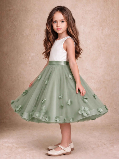 3D Floral Tulle Flower Girl Dress Sleeveless Satin Bow Back Wedding Guest Party Dress