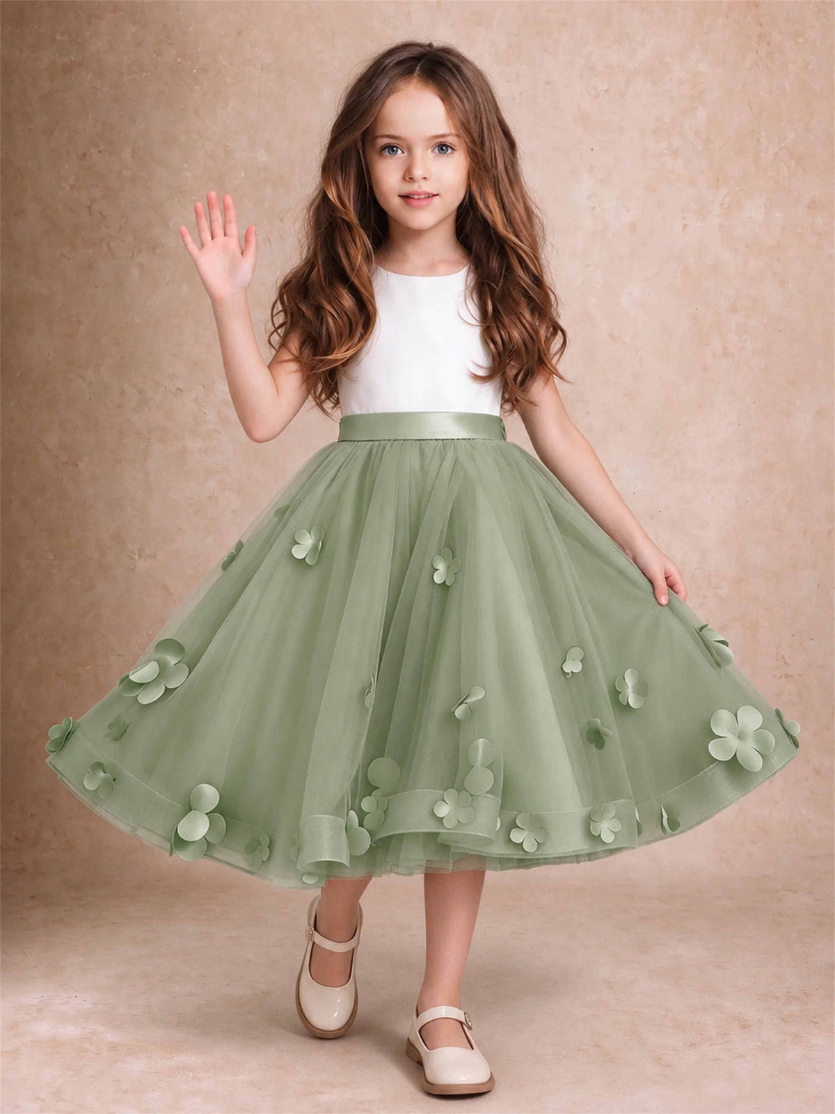 3D Floral Tulle Flower Girl Dress Sleeveless Satin Bow Back Wedding Guest Party Dress