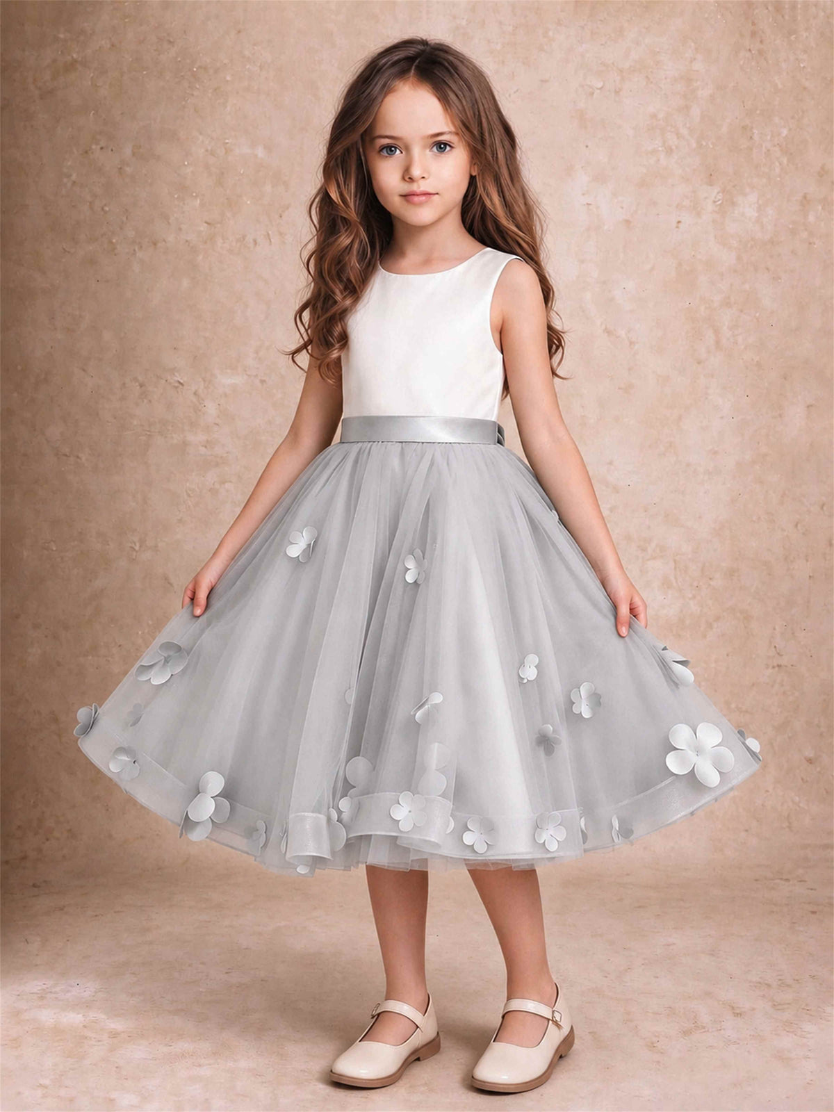 3D Floral Tulle Flower Girl Dress Sleeveless Satin Bow Back Wedding Guest Party Dress