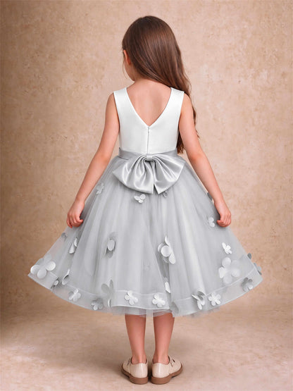 3D Floral Tulle Flower Girl Dress Sleeveless Satin Bow Back Wedding Guest Party Dress