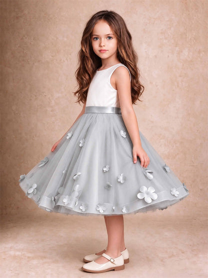 3D Floral Tulle Flower Girl Dress Sleeveless Satin Bow Back Wedding Guest Party Dress