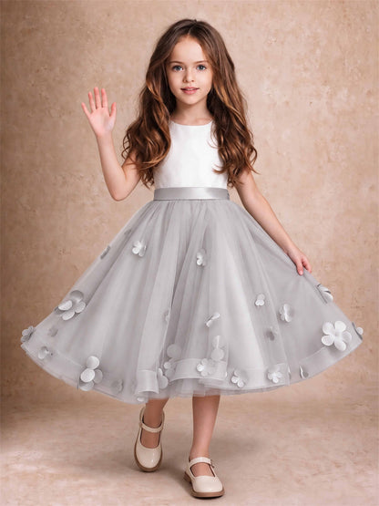 3D Floral Tulle Flower Girl Dress Sleeveless Satin Bow Back Wedding Guest Party Dress