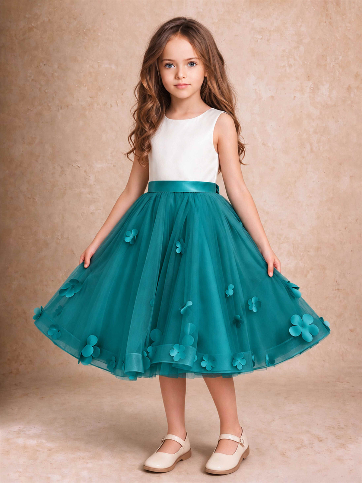 3D Floral Tulle Flower Girl Dress Sleeveless Satin Bow Back Wedding Guest Party Dress