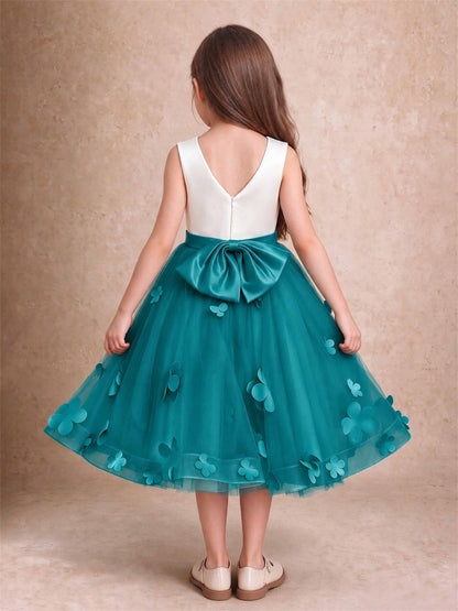 3D Floral Tulle Flower Girl Dress Sleeveless Satin Bow Back Wedding Guest Party Dress