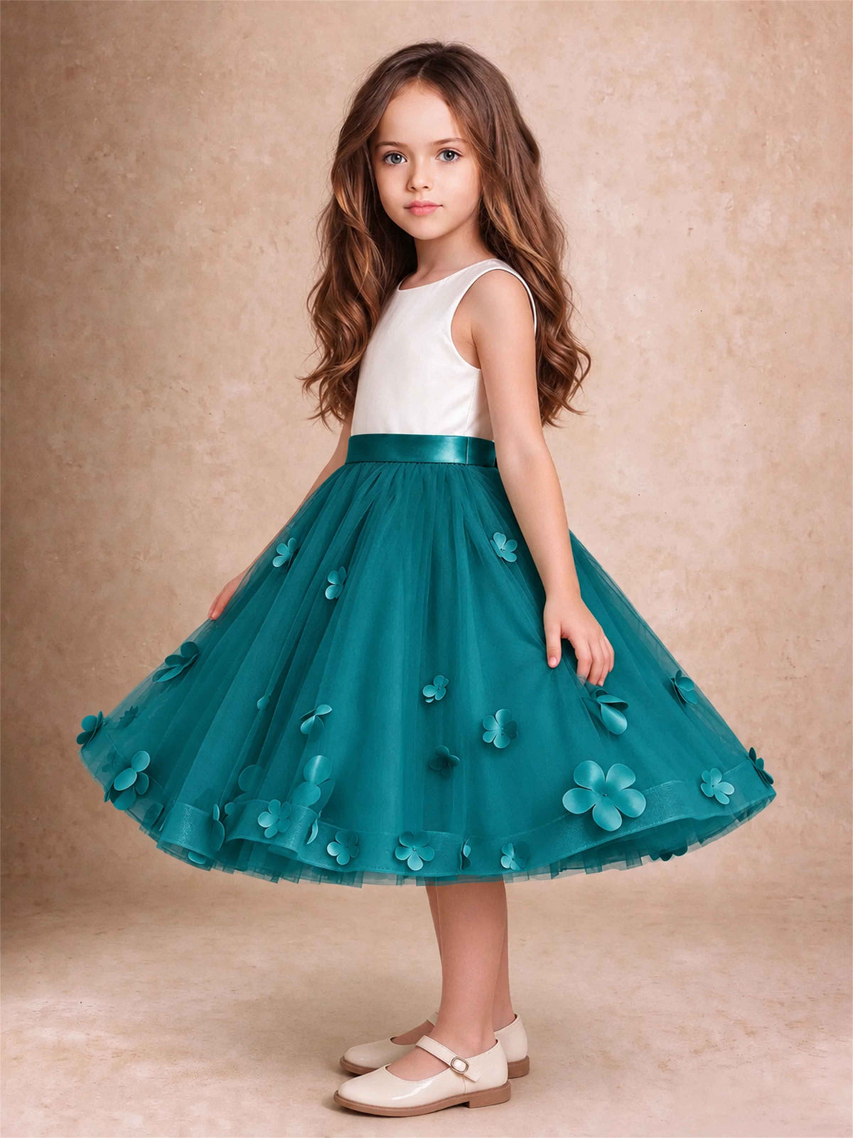 3D Floral Tulle Flower Girl Dress Sleeveless Satin Bow Back Wedding Guest Party Dress