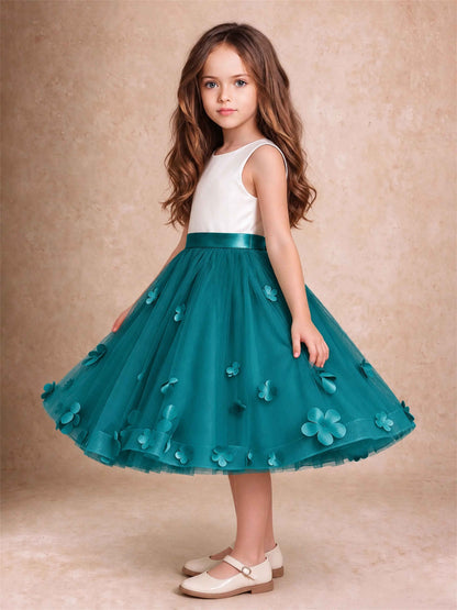 3D Floral Tulle Flower Girl Dress Sleeveless Satin Bow Back Wedding Guest Party Dress