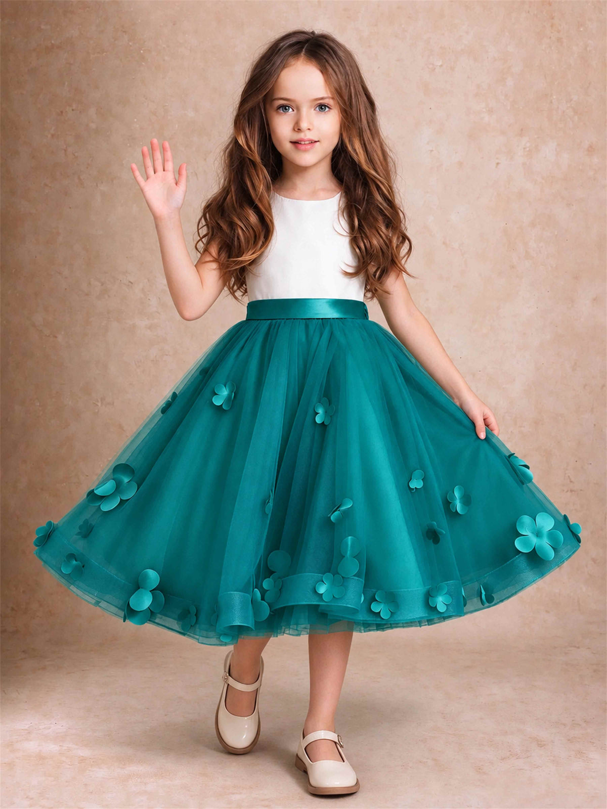 3D Floral Tulle Flower Girl Dress Sleeveless Satin Bow Back Wedding Guest Party Dress