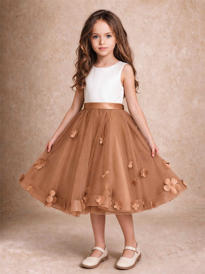 3D Floral Tulle Flower Girl Dress Sleeveless Satin Bow Back Wedding Guest Party Dress