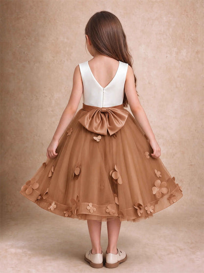3D Floral Tulle Flower Girl Dress Sleeveless Satin Bow Back Wedding Guest Party Dress