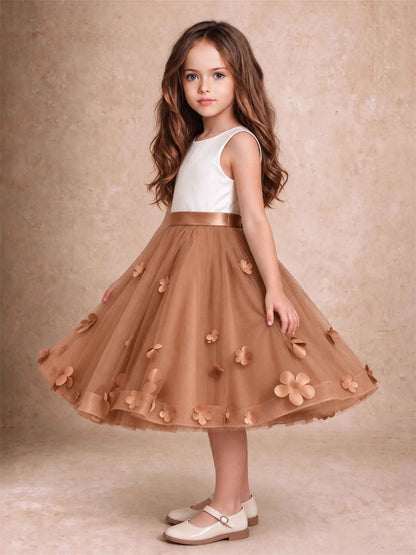 3D Floral Tulle Flower Girl Dress Sleeveless Satin Bow Back Wedding Guest Party Dress
