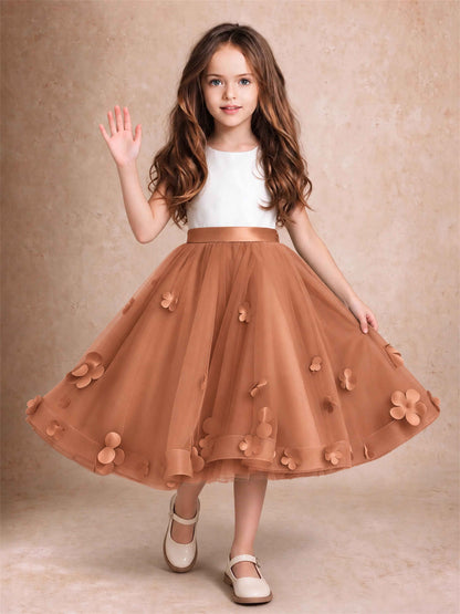3D Floral Tulle Flower Girl Dress Sleeveless Satin Bow Back Wedding Guest Party Dress