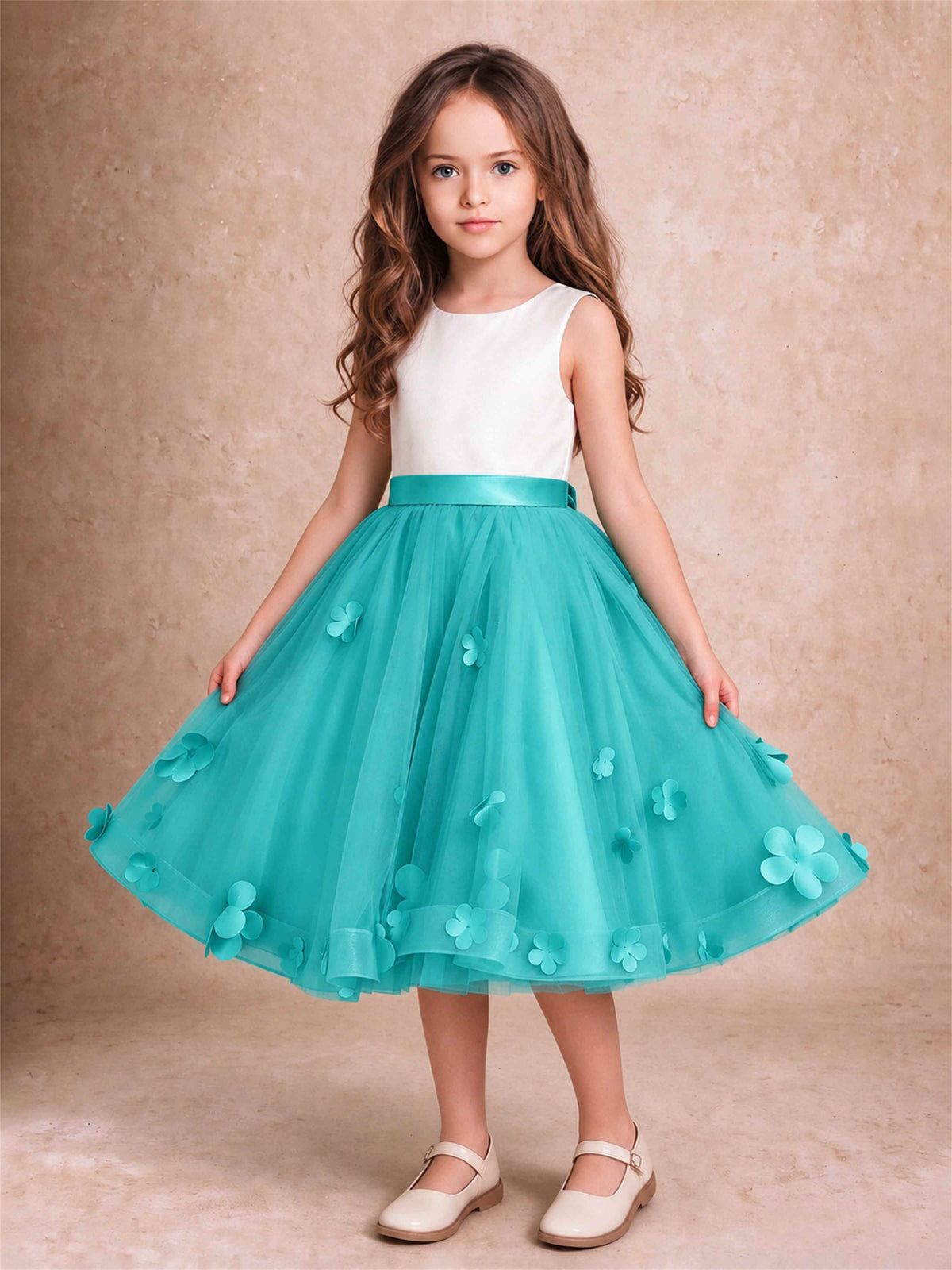 3D Floral Tulle Flower Girl Dress Sleeveless Satin Bow Back Wedding Guest Party Dress