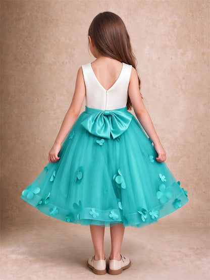 3D Floral Tulle Flower Girl Dress Sleeveless Satin Bow Back Wedding Guest Party Dress