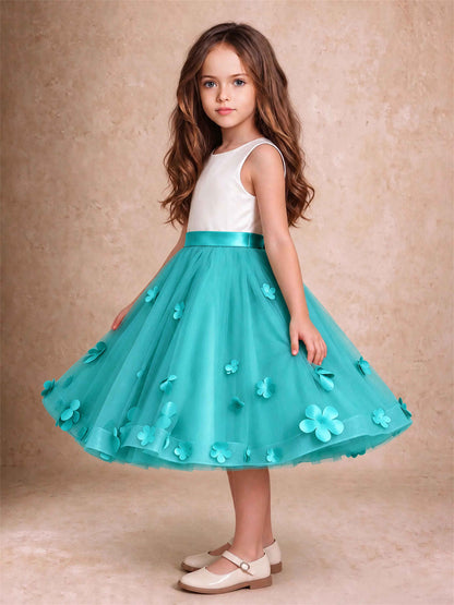 3D Floral Tulle Flower Girl Dress Sleeveless Satin Bow Back Wedding Guest Party Dress