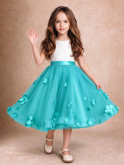 3D Floral Tulle Flower Girl Dress Sleeveless Satin Bow Back Wedding Guest Party Dress