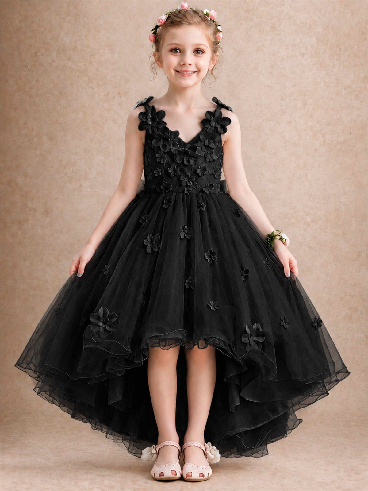 3D Floral Tulle Flower Girl Dress V-Neck Spaghetti Strap High Low Kids for Wedding First Communion