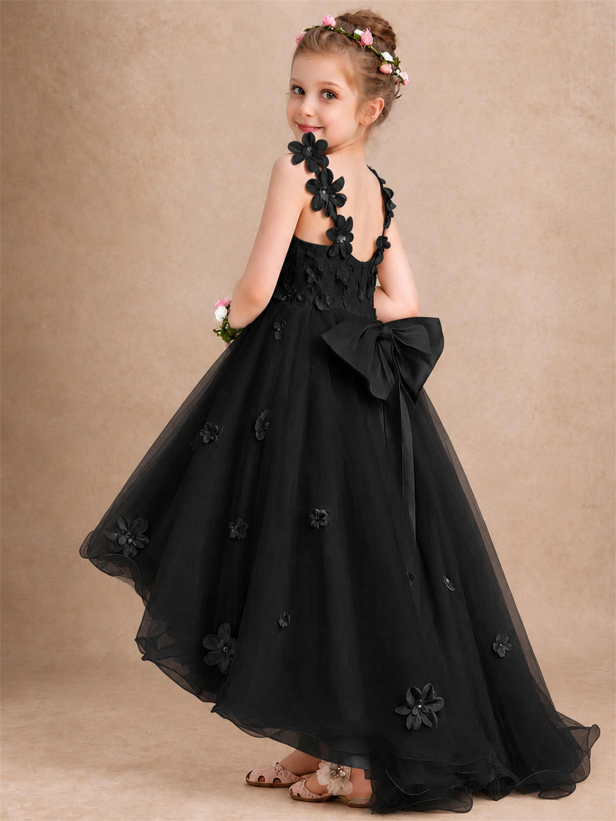 3D Floral Tulle Flower Girl Dress V-Neck Spaghetti Strap High Low Kids for Wedding First Communion