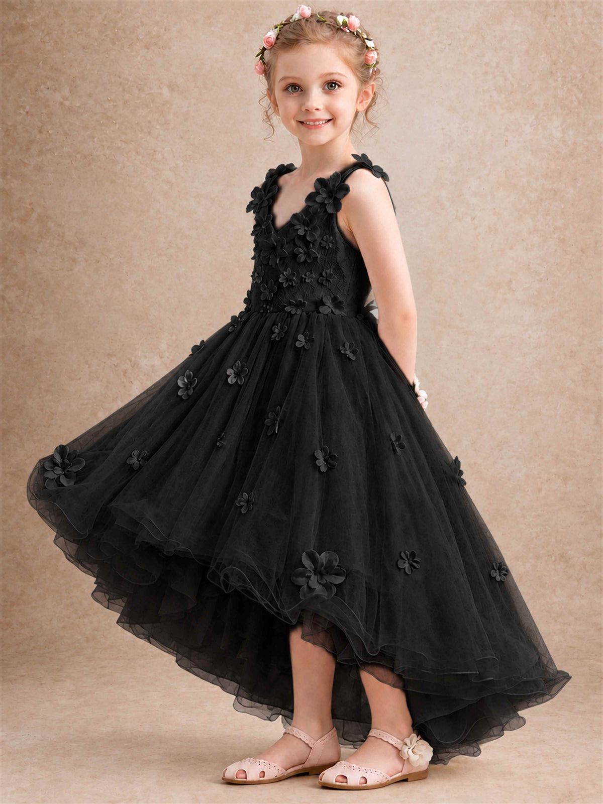 3D Floral Tulle Flower Girl Dress V-Neck Spaghetti Strap High Low Kids for Wedding First Communion