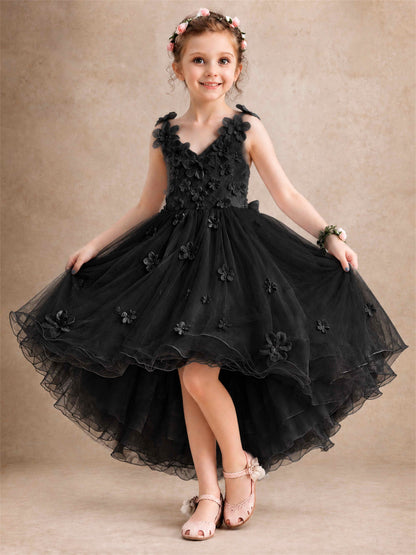 3D Floral Tulle Flower Girl Dress V-Neck Spaghetti Strap High Low Kids for Wedding First Communion