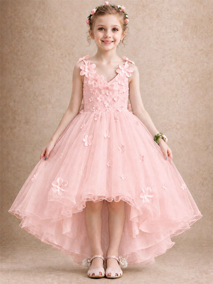 3D Floral Tulle Flower Girl Dress V-Neck Spaghetti Strap High Low Kids for Wedding First Communion